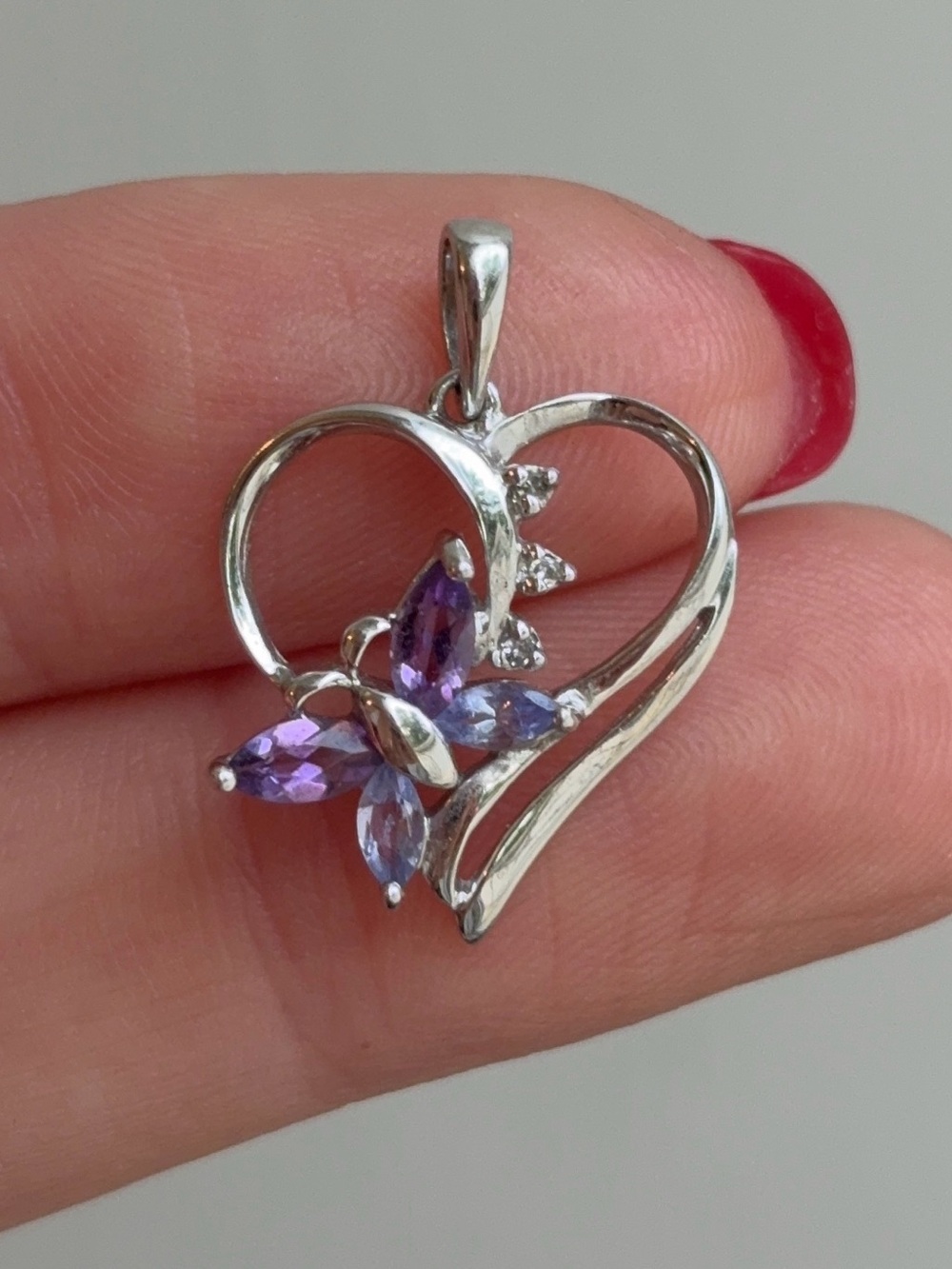 10k White Gold Diamond Gemstone Butterfly Heart Pendant / Charm